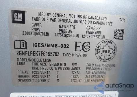 2015 Chevrolet Equinox 1Lt из США, поврежденный, VIN 2GNFLFEK7F6195763